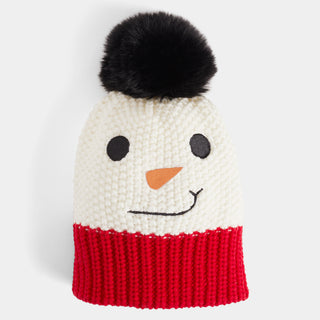 Snowman Winter Knit Hat with Pom - White
