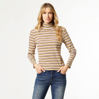 Spencer Long Sleeve Ribbed Mock Neck Top - White/Black/Camel