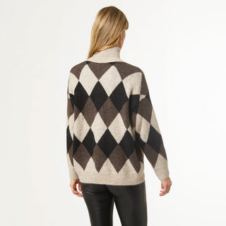 Emila Diamond Turtleneck Sweater - Taupe/Brown/Black