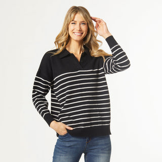 Lola Stripe Sweater with Collar - Black/White
