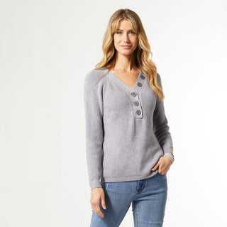 Eboni Half Button Down Sweater - Mid Heather Grey