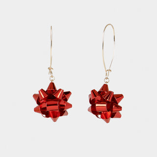 Holiday Bow Long Dangle Earrings - Red