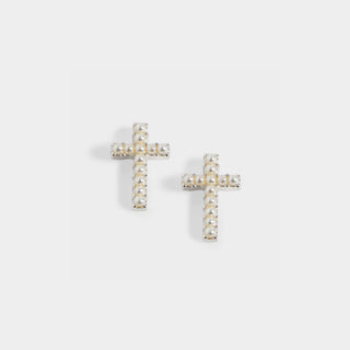 Small Cross w/ Pearls Stud Earrings - Silver