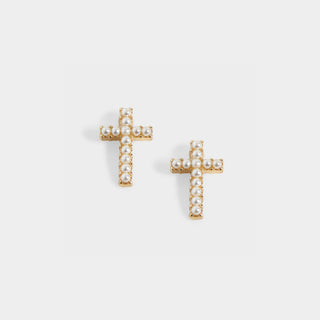 Small Cross w/ Pearls Stud Earrings - Gold