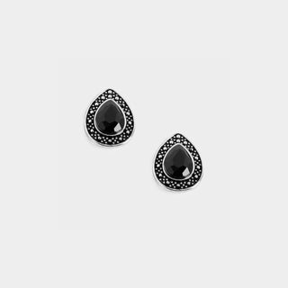 Teardrop Stud Earrings w/ Black Stone - Silver
