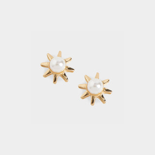 Sun Stud Earrings w/ Pearl - Gold