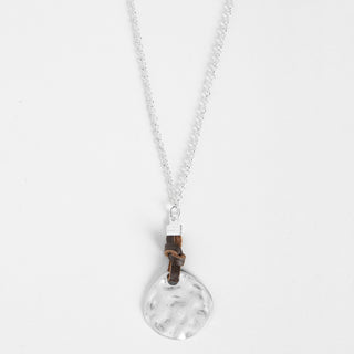 Leather Knot Hammered Disc Necklace - Silver