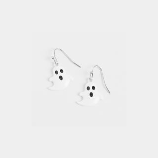 Halloween Enamel Dangle Earrings - Ghost - Silver